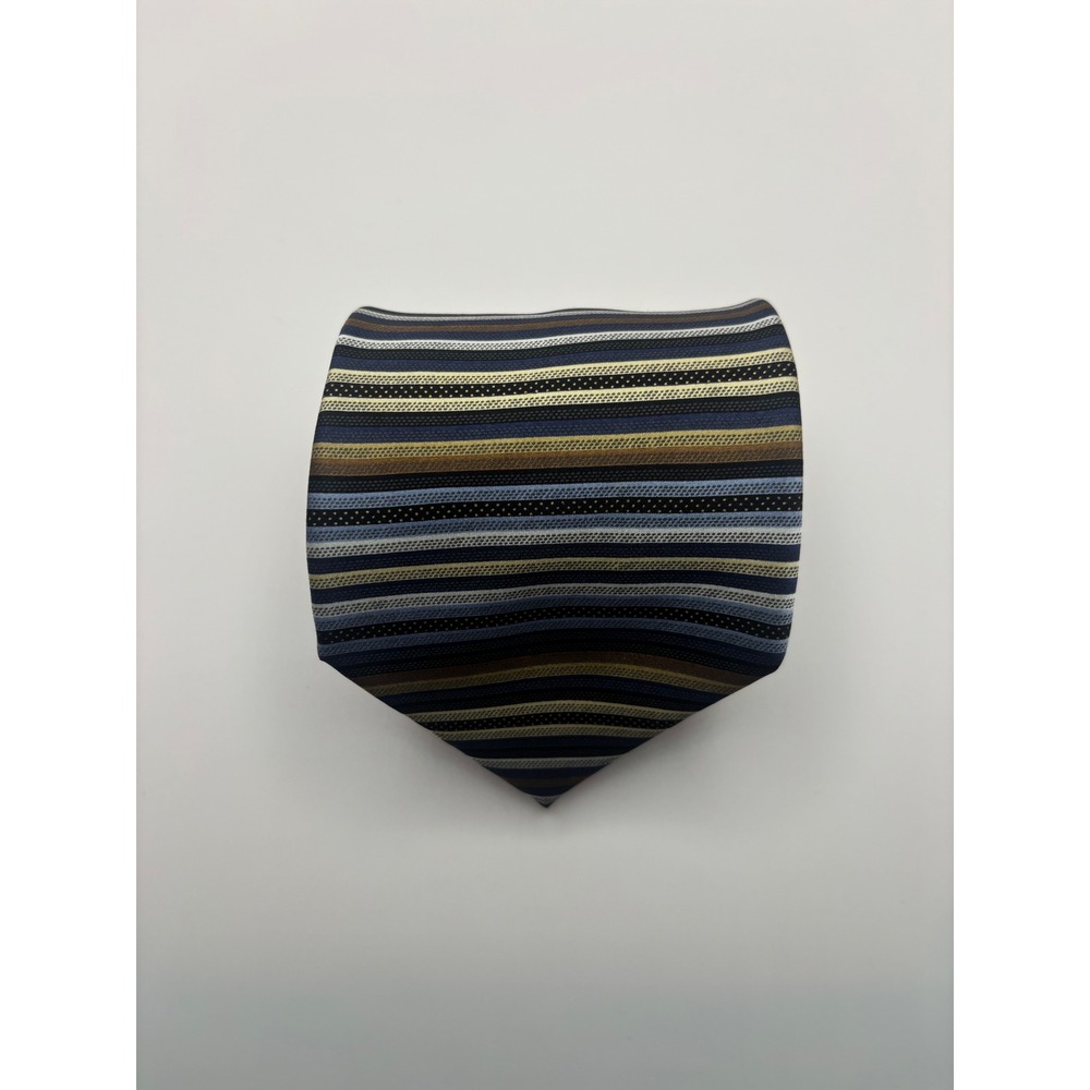Hermoso New York Mens Silk Tie Blue Gold Brown Horizontal Striped Handmade